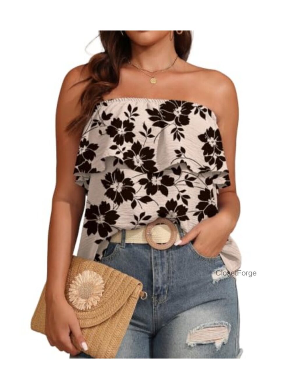 Women's Ruffle Trim Tube Top Strapless Backless Sleeveless Bandeau Summer Top